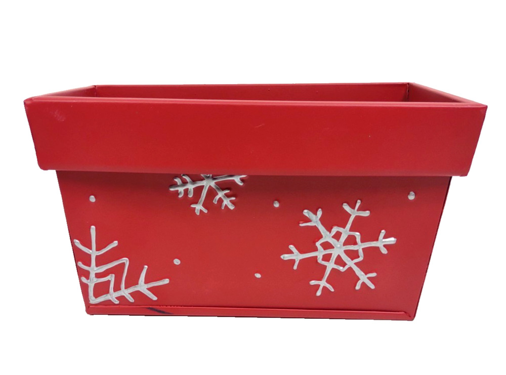 Vintage Red Holiday Snowflake Metal Gift Basket Storage Planter Christmas Decor